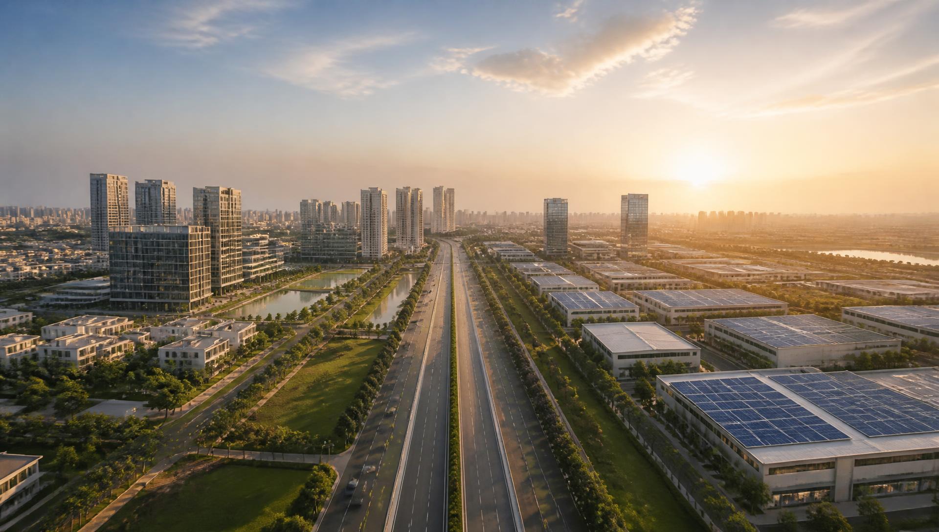 Aerial view of Dholera Smart City expressway and planned infrastructure